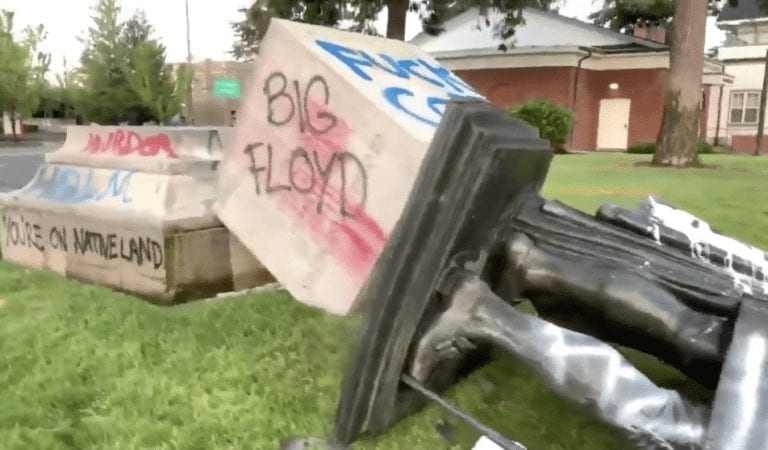 Portland Protesters Topple George Washington Statue and Burn American Flag on Its Head