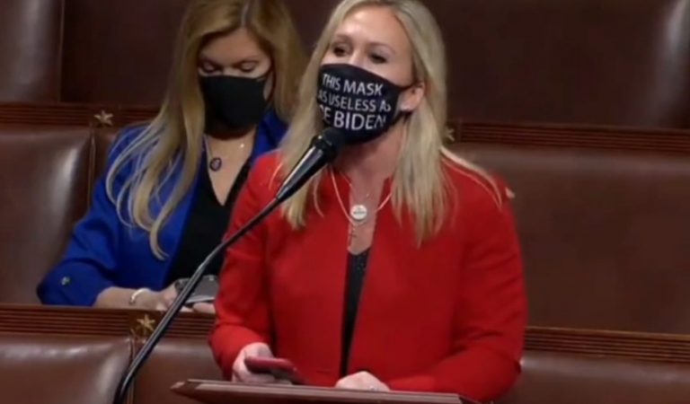 Rep. Marjorie Taylor Greene Mask Reads “This Mask Is As Useless As Joe Biden”